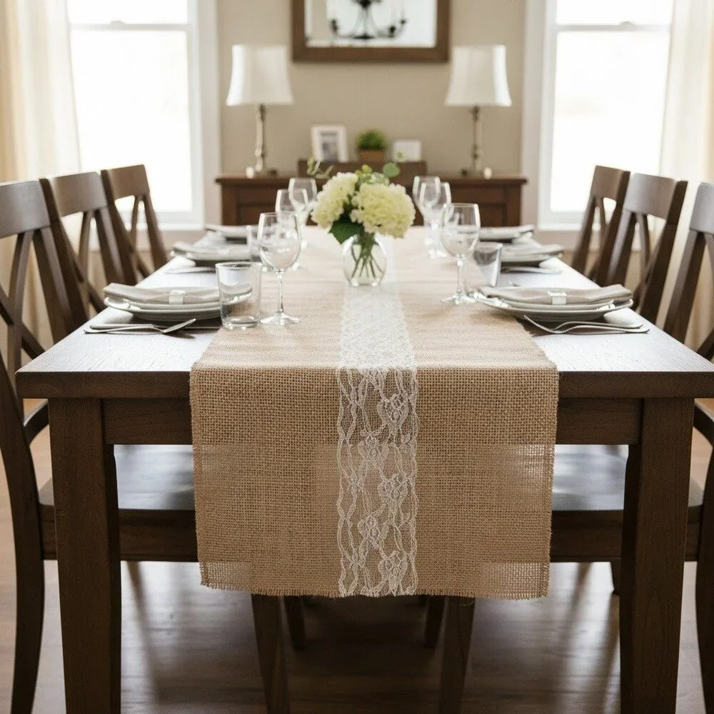 Celebrate Burlap Table Runner With Lace 12 In X 8 Ft Beige & White Rustic Weddin